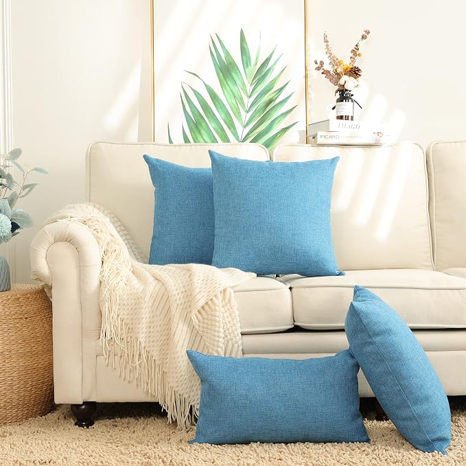 Stellhome Pack of 2 Linen Throw Pillow Covers Solid Fall Decorative Cushion Covers Pillowcase for Home Decoration, 16x16 Inch, Blue
