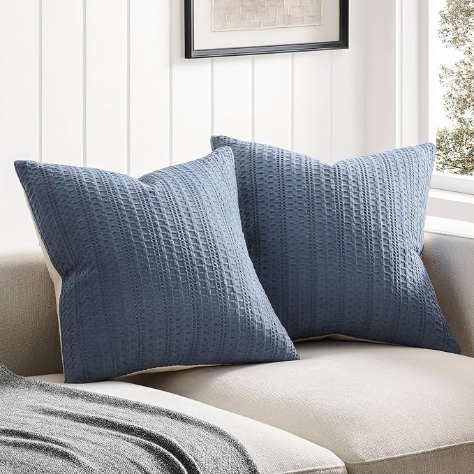ZeeMart 100% Cotton Waffle Textured Throw Pillow Covers Set of 2, 24x24 Inch Blue, Soft Farmhouse Decorative Couch Pillow Cases Blue Cushion Covers for Sofa Bed Living Room Home Decor