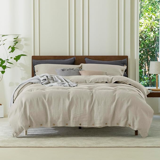 EVERLY 100% Pure Linen Duvet Cover Set King Size 104x90 Inch 3 Pieces (1 Duvet Cover, 2 Pillowcases) Soft and Breathable for All Season with Coconut Button Closure, Suitable for Hot Sleepers