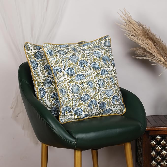 SheetKart Pure Cotton Throw Pillow Covers - Set of 2 - Hand Block Pure Cotton Printed Boho Decorative Pillow Covers - Cushion Covers for Living Room, Bohemian Theme, 17 x 17 Inches, Midnight Olive