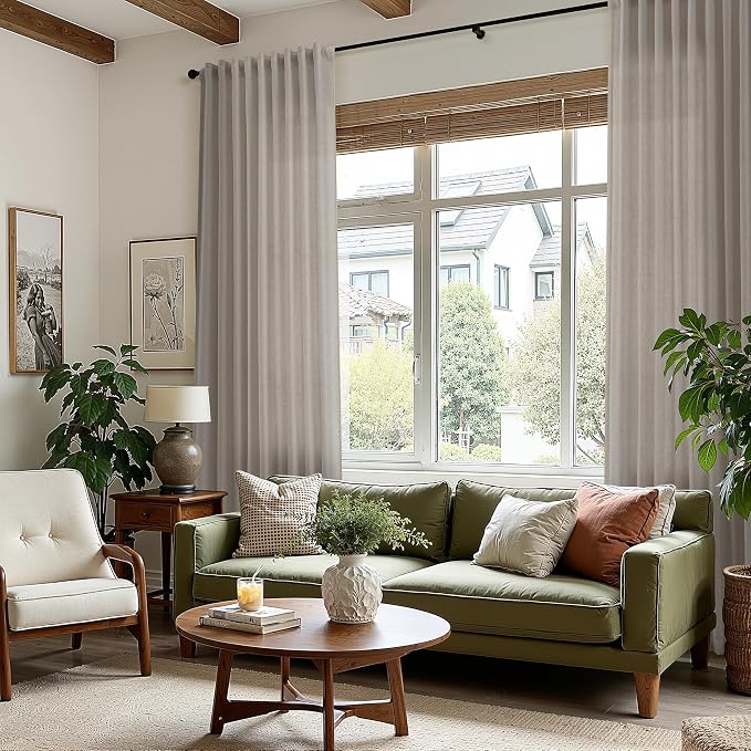Nanspring Grey Beige Curtains 90 Inches Long for Living Room Linen Light Filtering Semi Sheer Curtain Back Tab Rod Pocket Simple Modern Neutral Elegant Boho Gray Drapes for Bedroom 52x90, 2 Panels