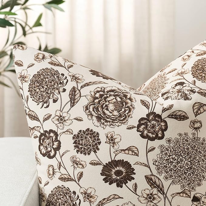 100% Cotton Botanical Throw Pillow Covers Set of 2, 12x20 Inch Chocolate, Farmhouse Double-Sided Floral Print Decorative Cushion Covers Pillow Cases Boho Home Decor