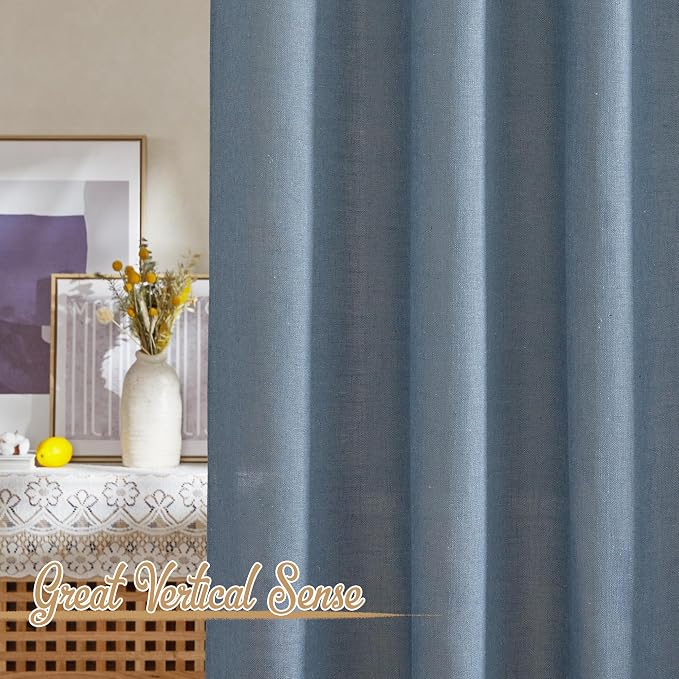 NICETOWN Stone Blue Linen Blend Curtains for Living Room, Rod Pocket & Back Tab Flax Linen Burlap Semi Sheer Privacy with Light Filtering Window Treatments for Bedroom, W52 x L90, 2 Panels