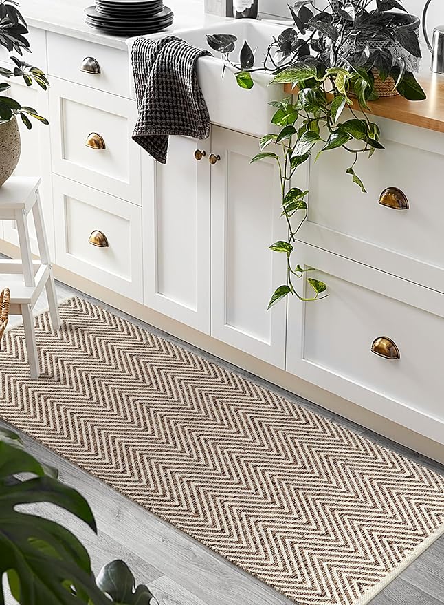 Cotton Chevron Hand Woven Area Runner Rug 2x6 Feet - Beige, Farmhouse Decorative Floor Runners Ideal for Hallways, Kitchen, Bedroom | Linen Nursery Neutral Geomatric Reversible Living Space Patio Mats