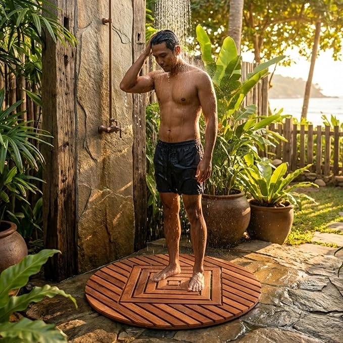 Designer Round Teak Shower Mat, Xtra-Large 32” Diameter, Waterproof, Teak Oil Finish, for Bathroom, Pool, Spa, Boat, Sauna, Patio, Front Door from Our Diamond Collection