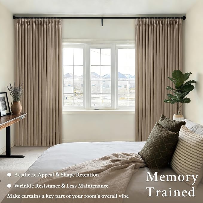 Latte Pinch Pleated Linen Curtains 84 Inches Length 2 Panels Rustic Tan Brown Light Filtering Back Tab Pleat Curtain with Hooks Rings 84 Inch Long Memory Trained Window Drapes for Living Room Bedroom