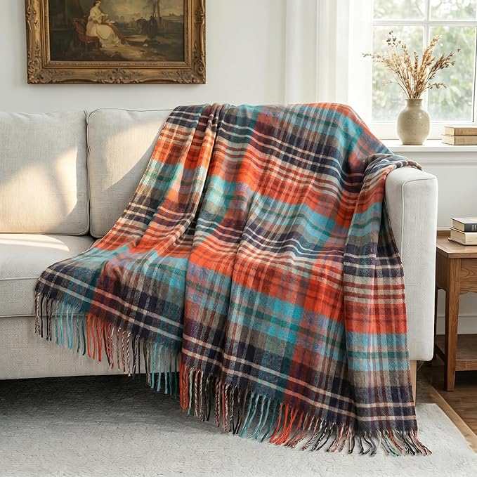 100% Wool Blanket Throw,Holiday Plaid Wool Blanket with Compact Bag,Rustic Soft Lightweight Blanket for Couch,Sofa,Bed & Lounging Decoration,Travel Blanket for Home, Airplane,Ideal Gifts 55"x83"