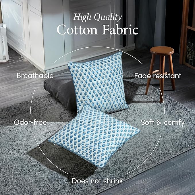 CPC 100% Cotton Throw Pillow Covers 24x24 Inch, Set of 2 Blue Block Print Pattern Couch Pillow, Cute Boho Decorative Pillows for Living Room, Bedroom with Hidden Zipper- Apatite Blue