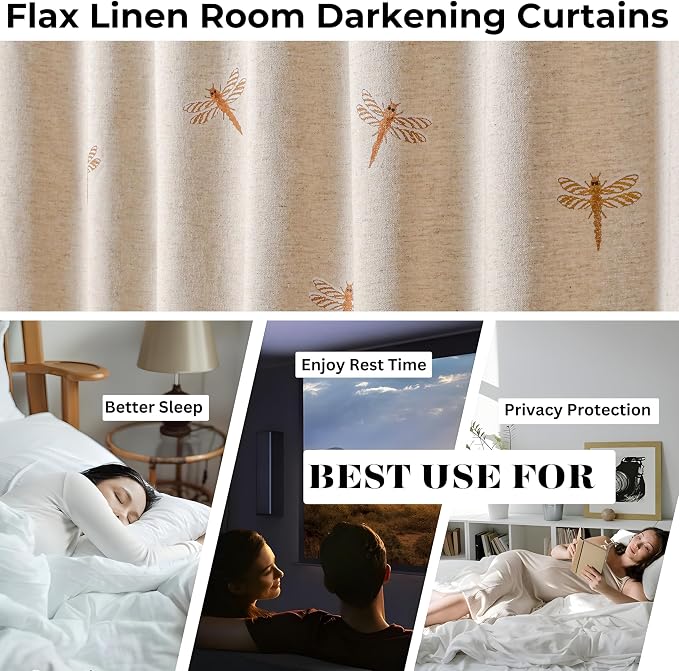 Bedding Craft Flax Linen Curtain Drape 50x108 Inch – Dragonfly Embroidery Drape, Natural Flax Room Darkening Panels, Taupe Curtains for Living Room, Bedroom, Modern Window Decor
