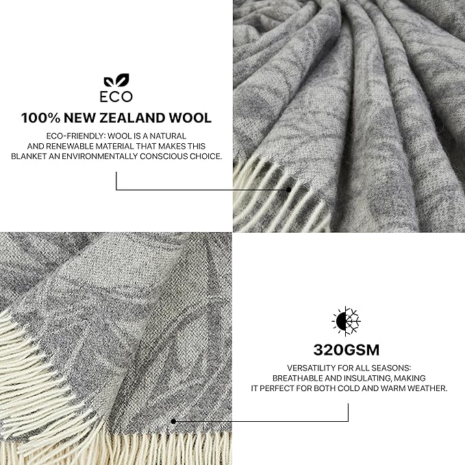 | Wool Blanket/Throw | 100% New Zealand Wool | Perfect for Home and Outdoors | Virgin Wool Blanket with Fringes 55"x79" (140 x 200 cm) (Gray Leaves)