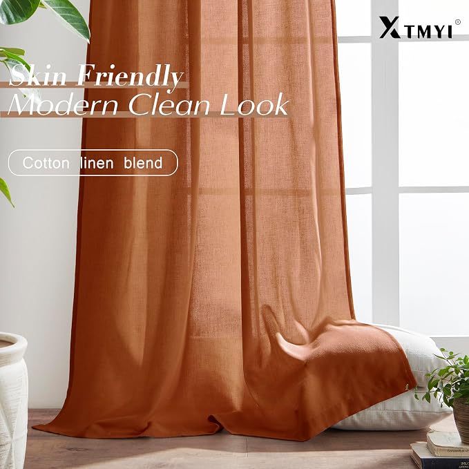 XTMYI Burnt Orange Curtans 63 Inch Length for Bedroom,Sheer Linen Light Filtering Fall Autumn Farmhouse Drapes for Living Room Decor