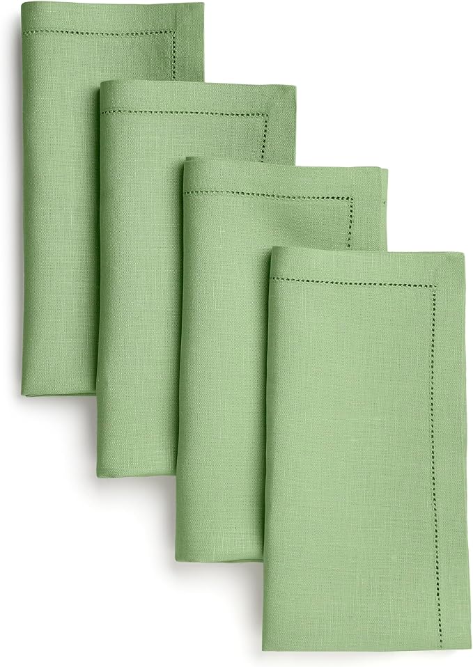 Signature Linen™ by D'Moksha Sage Green Dinner Napkins Set of 4, 20 x 20 Inch Cloth Napkins, 100% Pure Linen, Hemstitch, Machine Washable Table Napkins- Summer, Father's Day