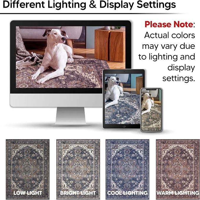 Keen Home Design 8x10 Rug - Machine Washable Area Rug with Non-Slip Backing, Ideal for Living Room, Dining Room, Bedroom - Vintage, Easy Clean, Durable, Low Pile Rug - (8' x 10')