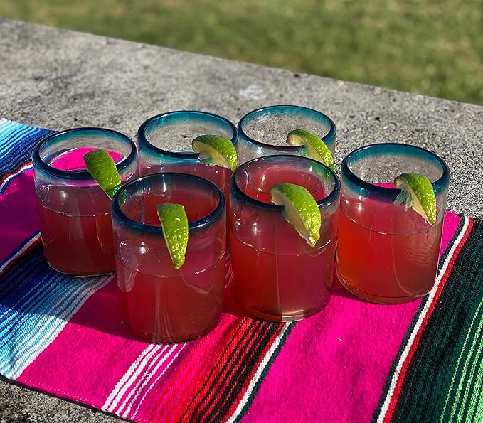 Dos Sueños Hand Blown Mexican Drinking Glasses - Set of 6 Tumbler Glasses with Aqua Blue Rims (10 oz each)