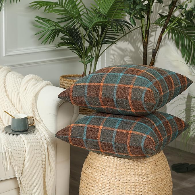 Stellhome Pack of 2 Fall Linen Buffalo Check Throw Pillow Covers, Farmhouse Plaid Decorative Cushion Covers for Couch Sofa Living Room, 18x18 Inch, Blue and Orange