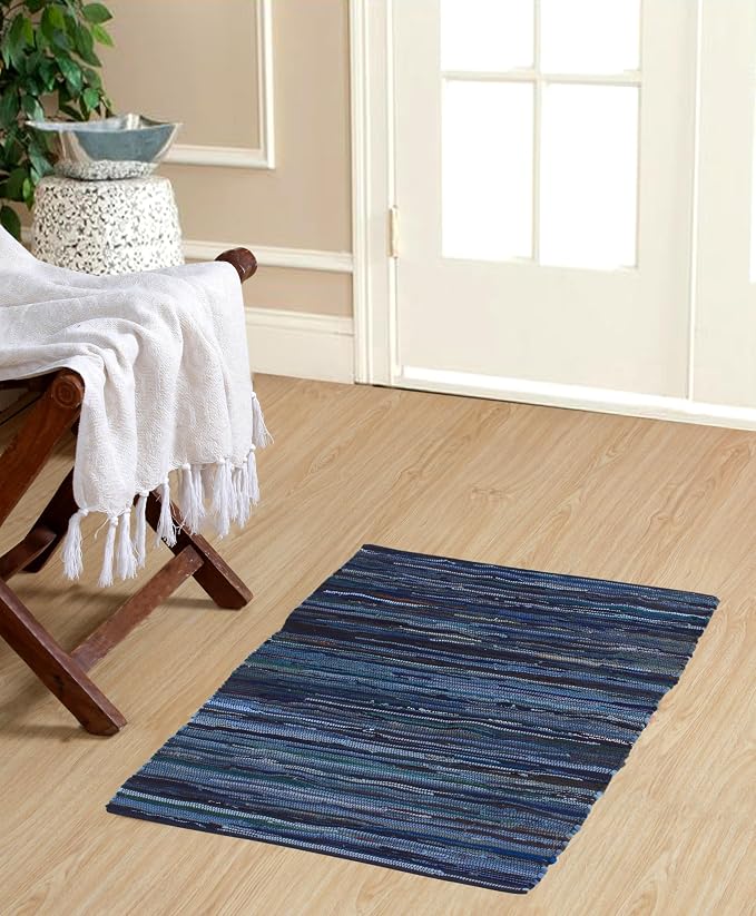 Handmade Cotton Chindi Rug Rectangular Area Rag Washable Recycled Rugs for Home Décor, Living Room and Bedroom (NavyBlue, 2X3 Feet)