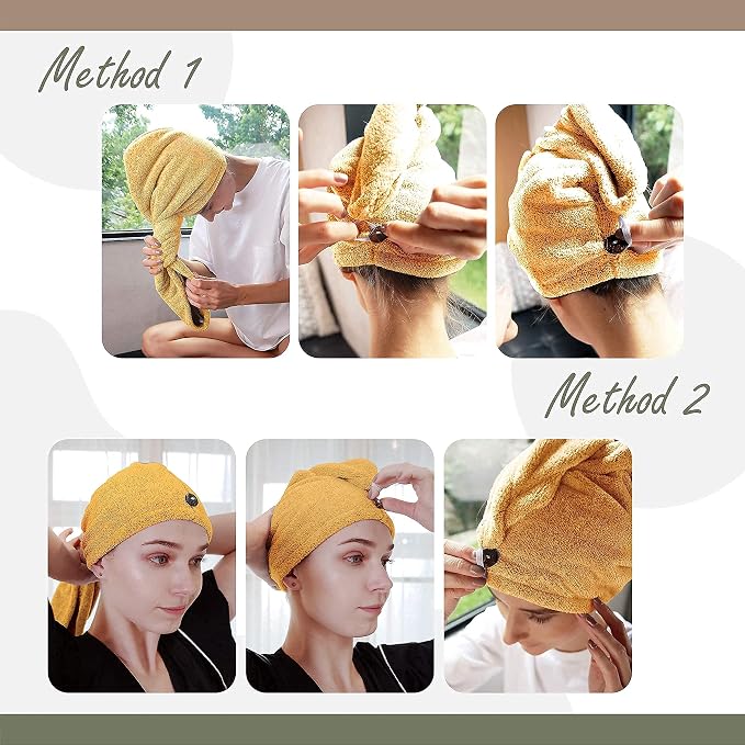myHomeBody Hair Towel Wrap, Quick Drying Turban, Absorbent Cap – Mango | Hair Turban Towel for wet hair, Ultra Soft Charcoal Fiber Cap, Towel Head Wrap for bathing with Coconut Shell Button