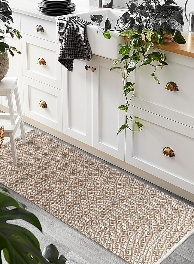 Cotton Diamond Hand Woven Area Runner Rug 2x6 Feet - Beige, Non Slip Farmhouse Indoor Decorative Patio Runner Ideal for Hallways, Kitchen, Nursery | Washable Decorative Floor Mat for Bedroom