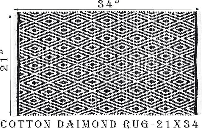 Ramanta Home 100% Cotton Diamond Handwoven Reversible Rug 21x34 Inch– Black Soft Washable Area Rug for Bathroom, Kitchen, Bedroom, Entryway | Durable Lightweight Handmade Accent Floor Mat | Boho Décor
