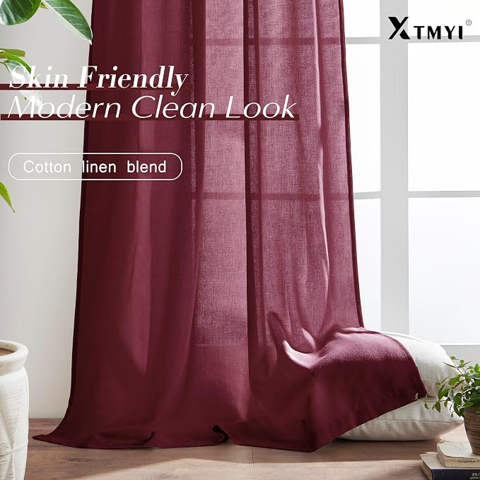 XTMYI Burgundy Curtains 84 Inches Long 2 Panels,Vintage Elegant Maroon Linen Back Tab Hook Pleated Sheer Christmas Curtains for Living Room Bedroom,Dark Red
