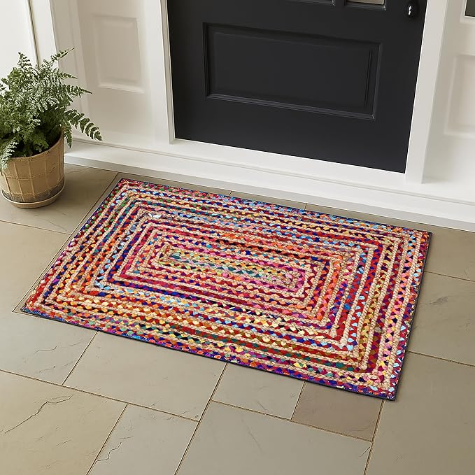 THE BEER VALLEY Jute Cotton Braided Rug 2x3 Feet - Multi | Farmhouse Handwoven Boho Indoor/Outdoor Floor Rugs for Entryway, Kitchen, Nursery - Reversible Small Door Mat for Home Décor