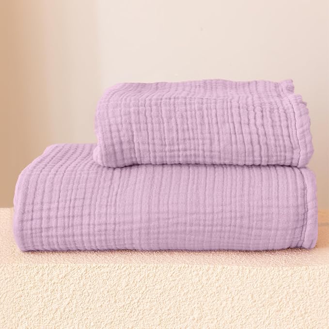 Ultra Soft Muslin Towel Adult Set, 100% Turkish Cotton 4-Layer 2 Pieces Luxury Muslin Hand & Bath Towels Sets for Bathroom (Lilac, 1 Bath & 1 Hand Towel Set)