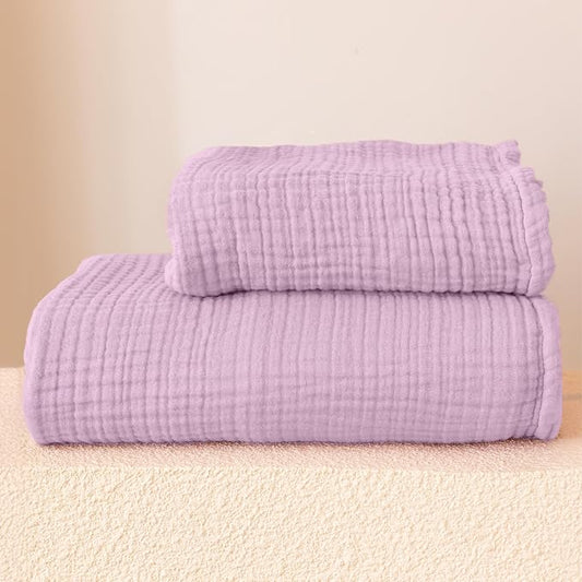 Ultra Soft Muslin Towel Adult Set, 100% Turkish Cotton 4-Layer 2 Pieces Luxury Muslin Hand & Bath Towels Sets for Bathroom (Lilac, 1 Bath & 1 Hand Towel Set)