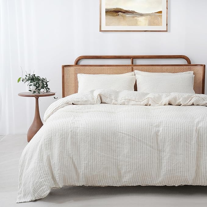 S VICTORY SYMBOL 100% Organic Linen Duvet Cover Set Grey Pinstripe King Size,Yarn Dyed French Natural Flax Bedding Set,3pcs Farmhouse Comforter Cover Set