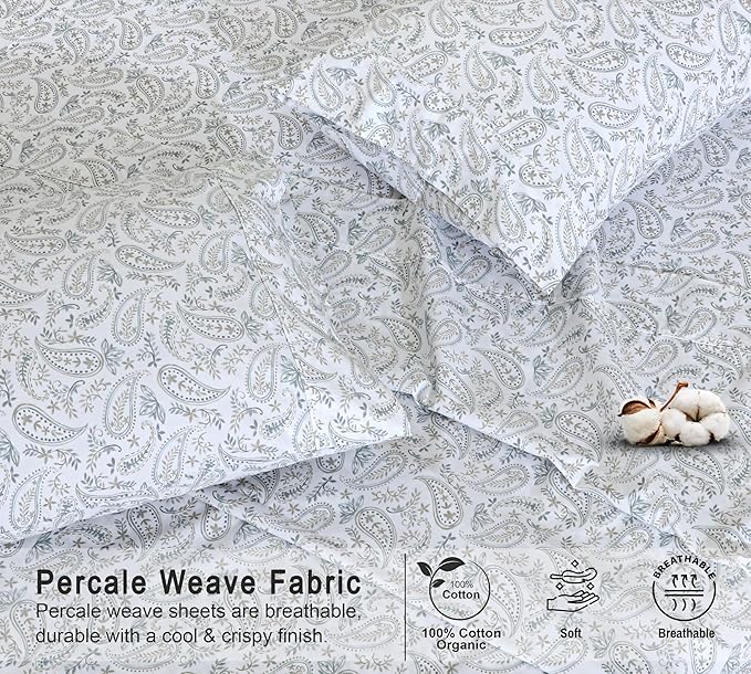 RUVANTI 100% Cotton Organic Percale Sheets Queen Size – Crisp Cooling Bed Sheets for Hot Sleepers, Deep Pocket 15”, Soft Peach Finish, Breathable & Durable Hotel-Style 4 Pcs, Ornate Oasis