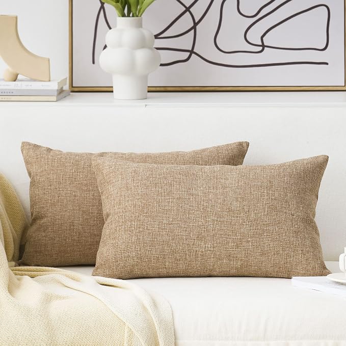 Home Brilliant Decor Linen Textured Oblong Cushion Cover Decorative Throw Pillow Cover for Sofa, 30cm x 50cm, 2 Pack, Natural Linen