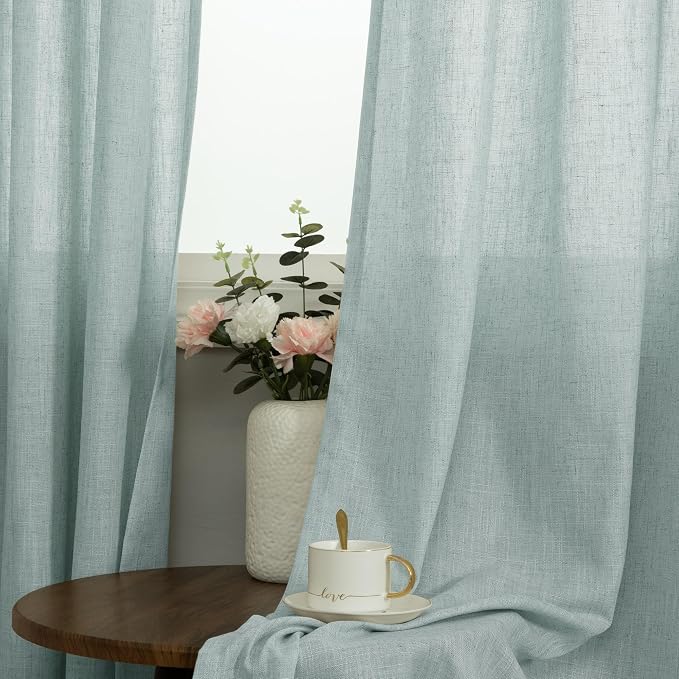 Light Green Curtains 84 Inch Length for Living Room 2 Panels Set Linen Textured Light Filtering Semi Sheer Grey Aqua Coastal Curtains for Nursery Decor Dining Bedroom Seafoam Pale Blue Teal Gray Mint