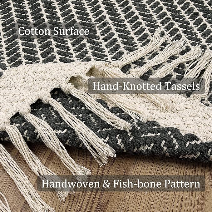Lahome Belle Boho Bathroom Runner Rug, 2x5 Laundry Room Washable Rugs for Entryway Cotton Grey Area Mat with Tassels, Farmhouse Throw Mats Non Shedding Carpet Runner for Hallway Door