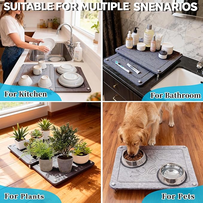Nested Dish Drying Stone Mat | 2 Pcs Diatomaceous Earth Stone Drying Mats for Kitchen Counter with Non-Slip Feet | Collapsible Large Drying Stone for Dishes - Dark Gray