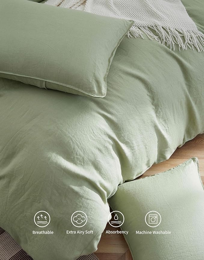 100% French Flax Linen Duvet Cover Set, King Size 104''x90'' 3 Pcs with 8 Corner Ties and Button Closure, Soft and Breathable for All Season(Green, King)