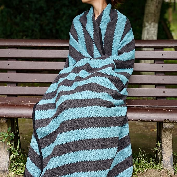 PuTian Merino Wool Blanket - 87" x 63" Thick Warm Soft Large Bed Throw - Great for Camping, Outdoors, Travel, Car, Couch, All Seasons Blue Stripe