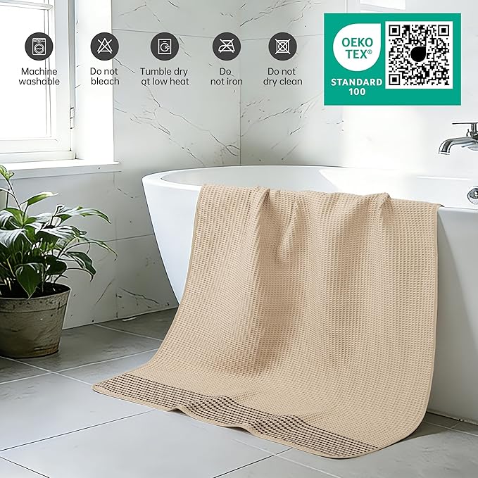 MICROFI New Microfiber Waffle Bath Towels, 2 Pieces, Soft, Absorbent, Fast Drying, Lint Free 430 GSM (Beige Striped)