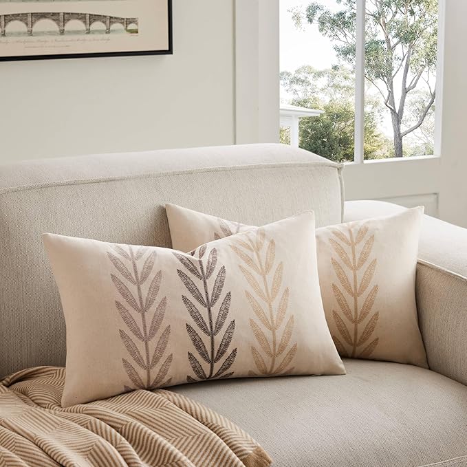 100% Cotton Farmhouse Leaves Lumbar Throw Pillow Covers Set of 2, 12x20 Inch Mixed Beige Pastoral Decorative Print Cushion Covers for Sofa Bed Living Room Home Decor