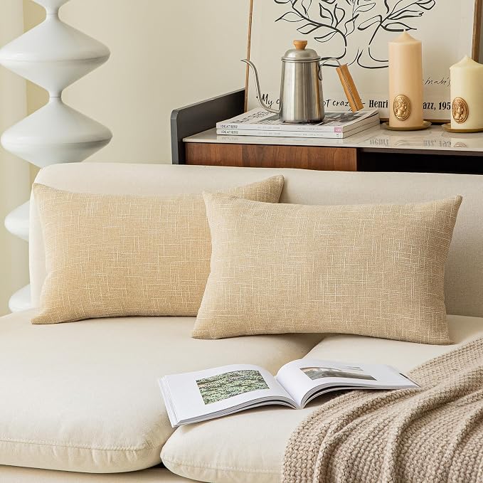 Kevin Textile Lumbar Throw Pillow Cover Both Sides Faux Linen Soft Solid Decorative Rectangular Cushion Case for Bedroom/Car, 2 Pcs, 12x20 Inch, Cream Beige