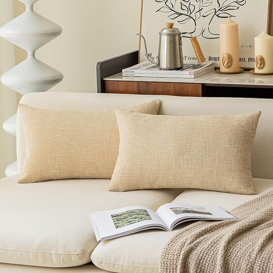 Kevin Textile Lumbar Throw Pillow Cover Both Sides Faux Linen Soft Solid Decorative Rectangular Cushion Case for Bedroom/Car, 2 Pcs, 12x20 Inch, Cream Beige