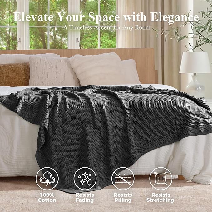 100% Cotton Cable Knit Throw Blanket, Large Lightweight Soft Knit Blanket for Sofa Couch Bed, Breathable All-Season Throw, Cozy Decorative Blanket, 60 x 80 Inch,Grey