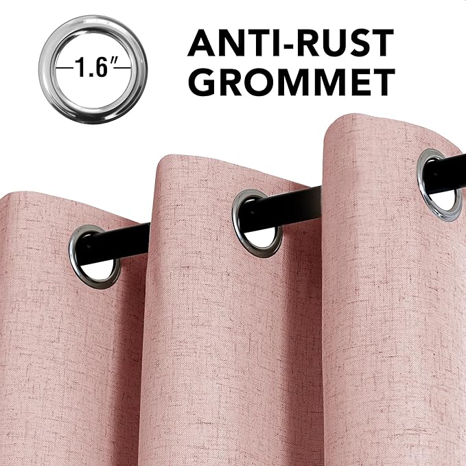 H.VERSAILTEX Linen Curtains 100% Blackout Curtains for Bedroom 90 inch Long Full Light Blocking Nature Linen Blended Window Curtains for Living Room Nickel Grommet (2 Panels, Heathered Baby Pink)