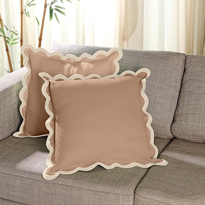 Folkulture Throw Pillow Covers | (20 x 20) Set of 2 Cotton Scalloped Design | Cute Decorative Pillows | Outdoor Boho Aesthetic Decor for Couch | Brown Covers, Couch Pillows for Living Room