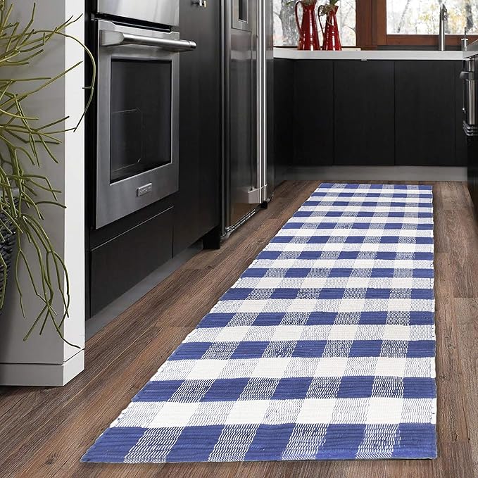 GLAMBURG Cotton Reversible Area Runner Rug 2' x 6' for Bedroom Living Room Kitchen Hallways Front Porch Laundry Room, Handwoven Farmhouse Floor Mat, Washable Checkered Plaid Runner Rug Blue White