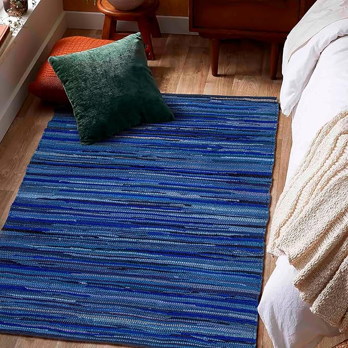 Ramanta Home 100% Cotton Hand Woven Tonal Chindi Rag Rug 3'x5' - Navy, Recycled Reversible Rugs, Boho Rustic Farmhouse Rugs for Living Room, Dinning Room, Kitchen Floor Mats - 36"x60"