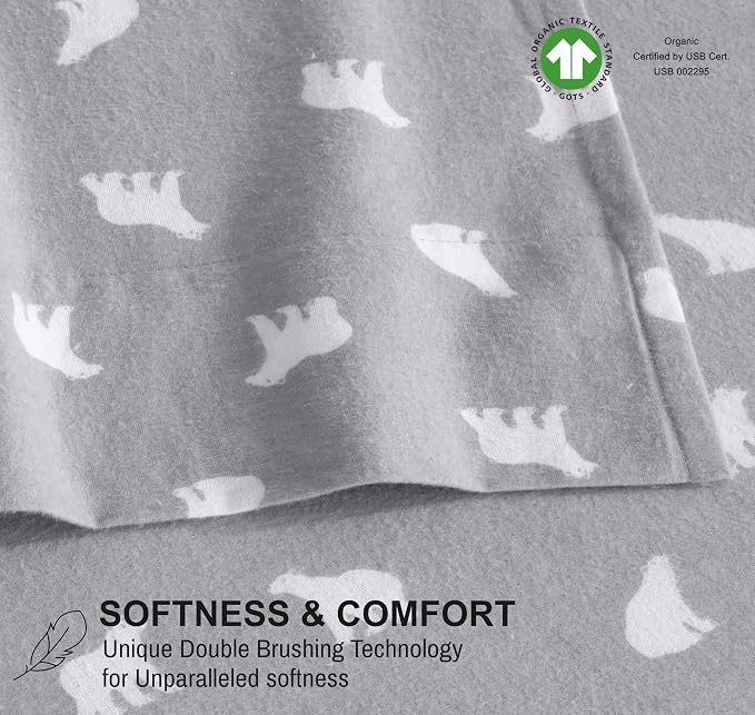 RUVANTI Flannel Sheets Queen Size - GOTS Certified 100% Organic Cotton, 4 Piece Warm, Soft & Breathable Set, Deep Pocket Snug Fit, Double Brushed Cozy All Season Bedding, Baby Bear