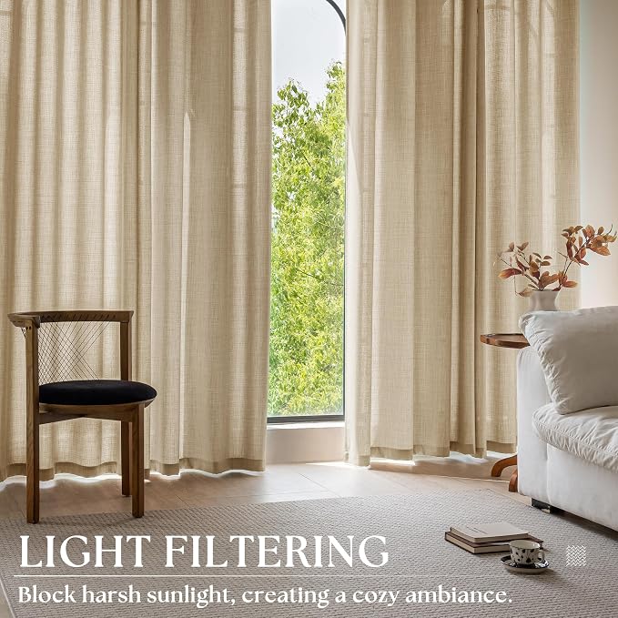 Grommet Linen Curtains 63 Inch Length 2 Panels for Dining Room Light Filtering Flax Linen Drape Neutral Farmhouse Boho Decor Earth Tone Semi Sheer Sand Beige Curtain for Living Room Bedroom Oatmeal