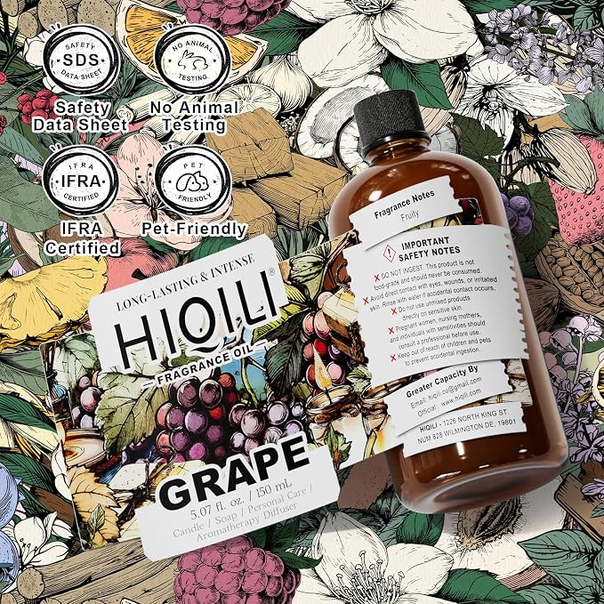 HIQILI Grape Fragrance Oil for Diffusers, Perfume & Room Spray - 5.07 Fl Oz | for Making Candles, Hand Soap, Air Freshener, Long Lasting Fruity Scents - 150 ML