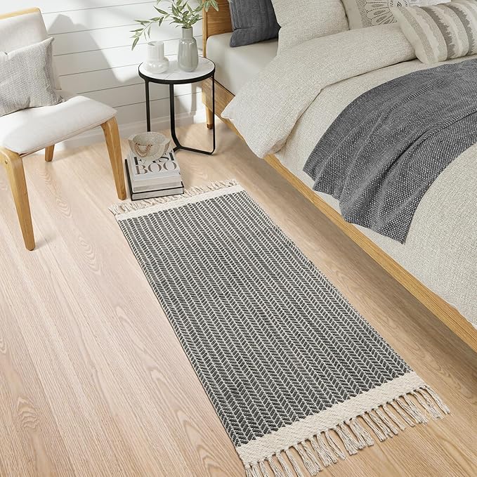 Lahome Belle Boho Bathroom Runner Rug, 2x5 Laundry Room Washable Rugs for Entryway Cotton Grey Area Mat with Tassels, Farmhouse Throw Mats Non Shedding Carpet Runner for Hallway Door