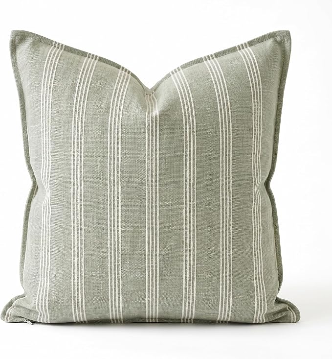 SanVia Cotton Throw Pillow Covers 20x20 – Handwoven Jacquard Texture, Fade-Resistant, No Pilling – Hidden Zipper, Decorative Cushion Cover for Sofa, Couch, Bed – Insert Not Included (Striped, Green)