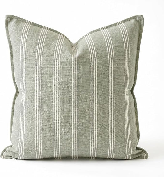 SanVia Cotton Throw Pillow Covers 20x20 – Handwoven Jacquard Texture, Fade-Resistant, No Pilling – Hidden Zipper, Decorative Cushion Cover for Sofa, Couch, Bed – Insert Not Included (Striped, Green)